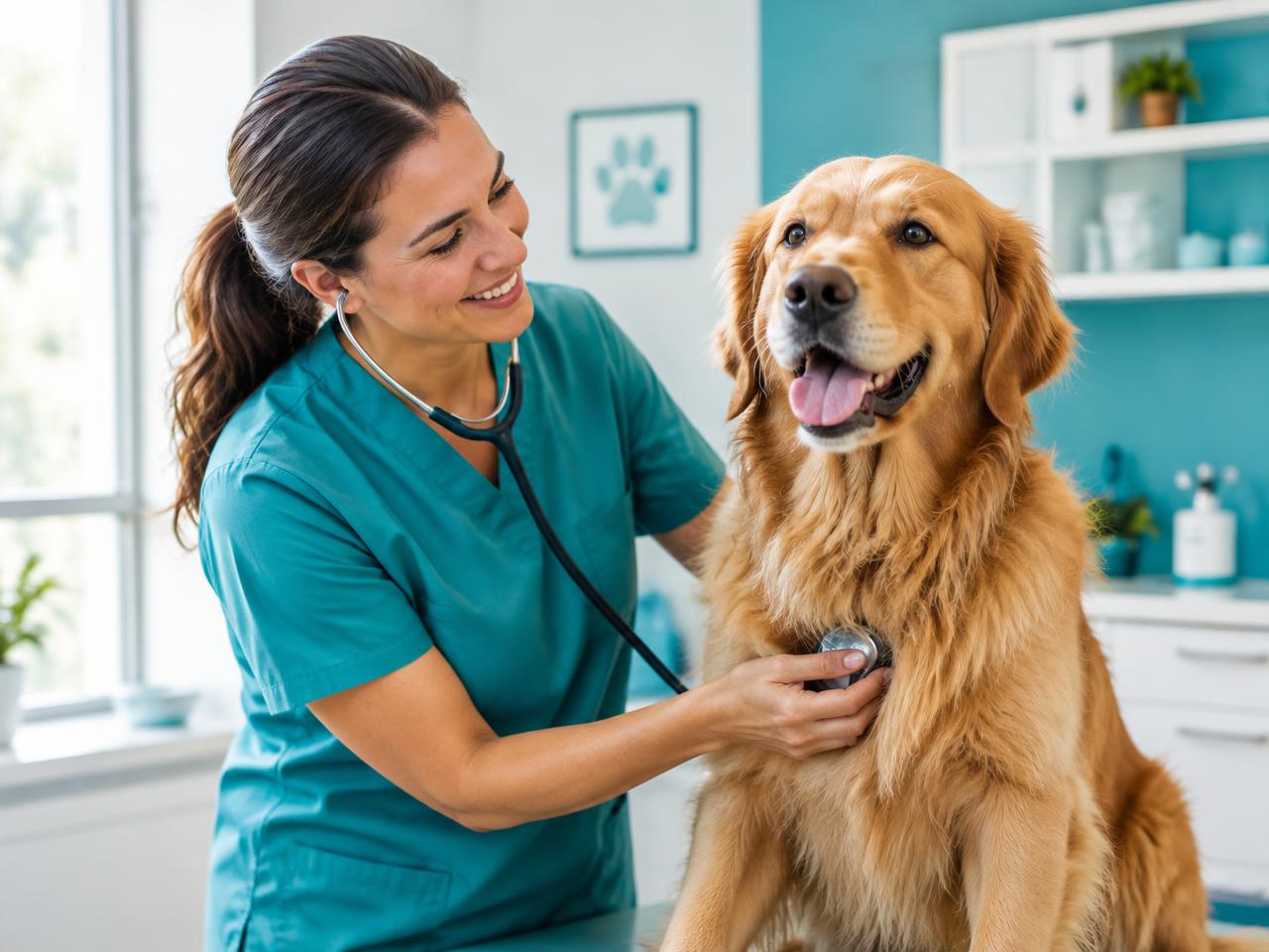 Veterinaria examinando a un golden retriever